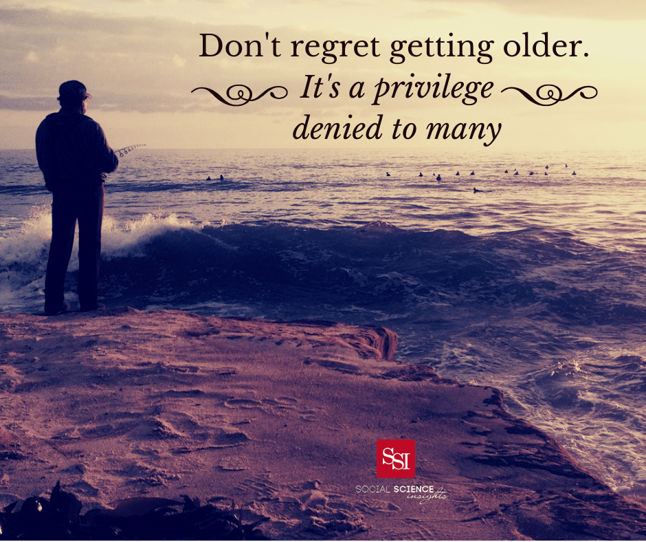 A person stands at the shore, staring at the waves. Text reads: Don’t regret growing older. It is a privilege denied to many.