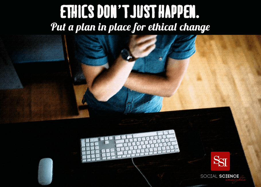 A man stands above a keyboard and desk. Text reads: Ethics don't just happen. Put a plan in place for ethical change