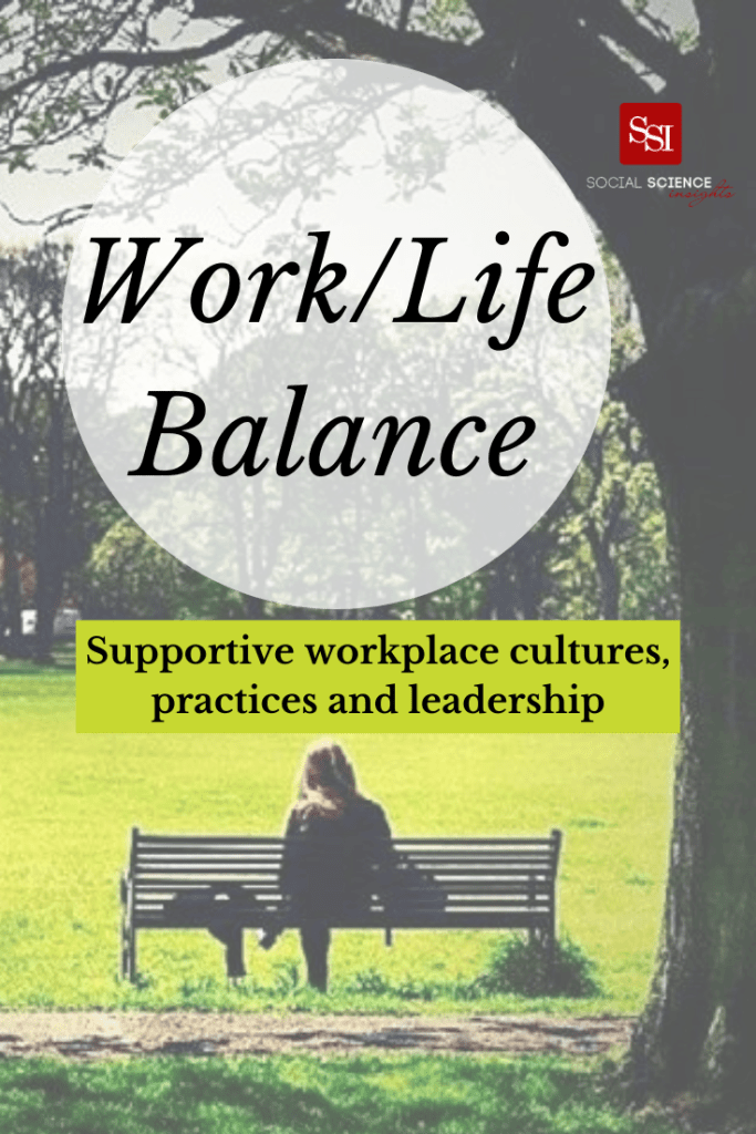 A woman sits on a park bench. Writing reads: Supportive workplace cultures, practices and leadership