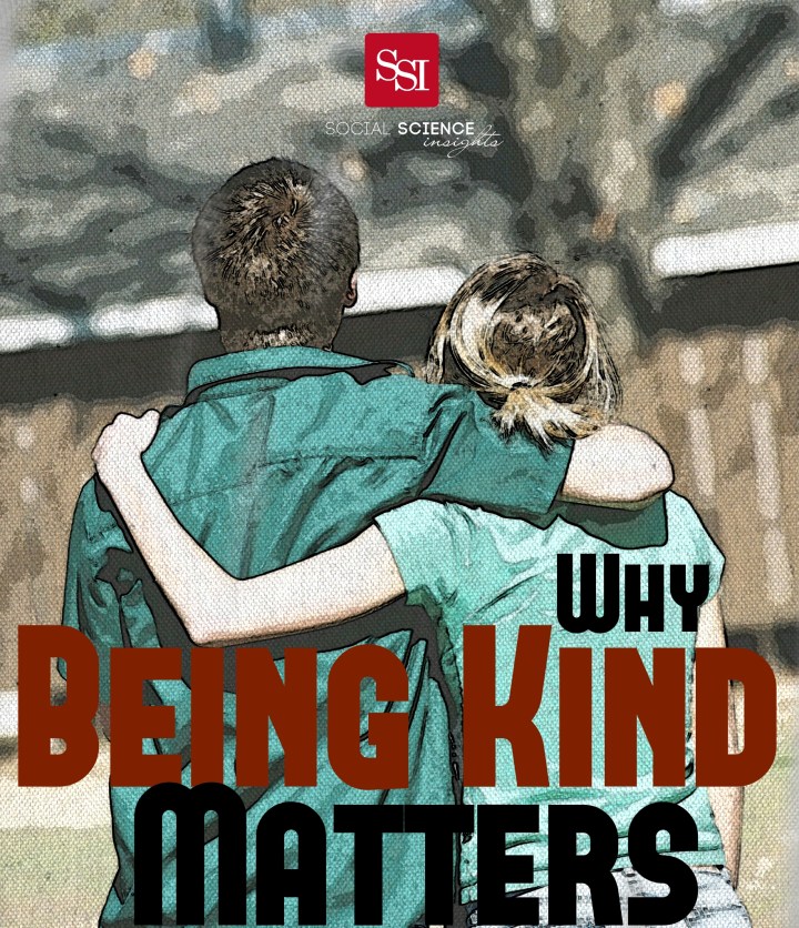 A white man and white woman have their arms around another's backs. Text reads: Why being kind matters