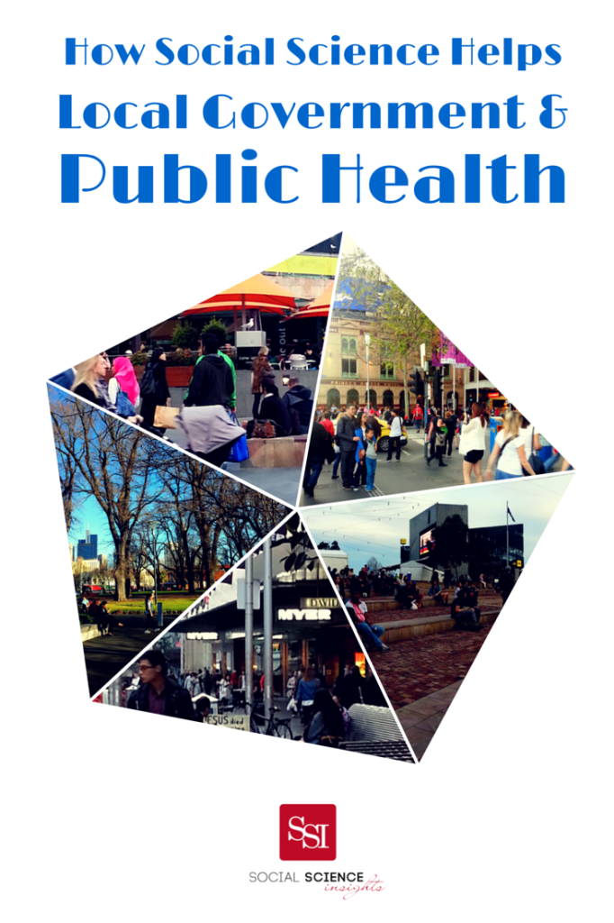 Mosaic of communities outdoors. Heading reads: How social science helps local government and public health