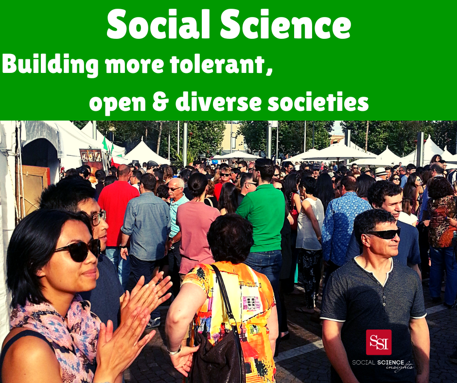 People in a crowded outdoor festival. Text reads: Social science: building more tolerant, open and diverse societies.