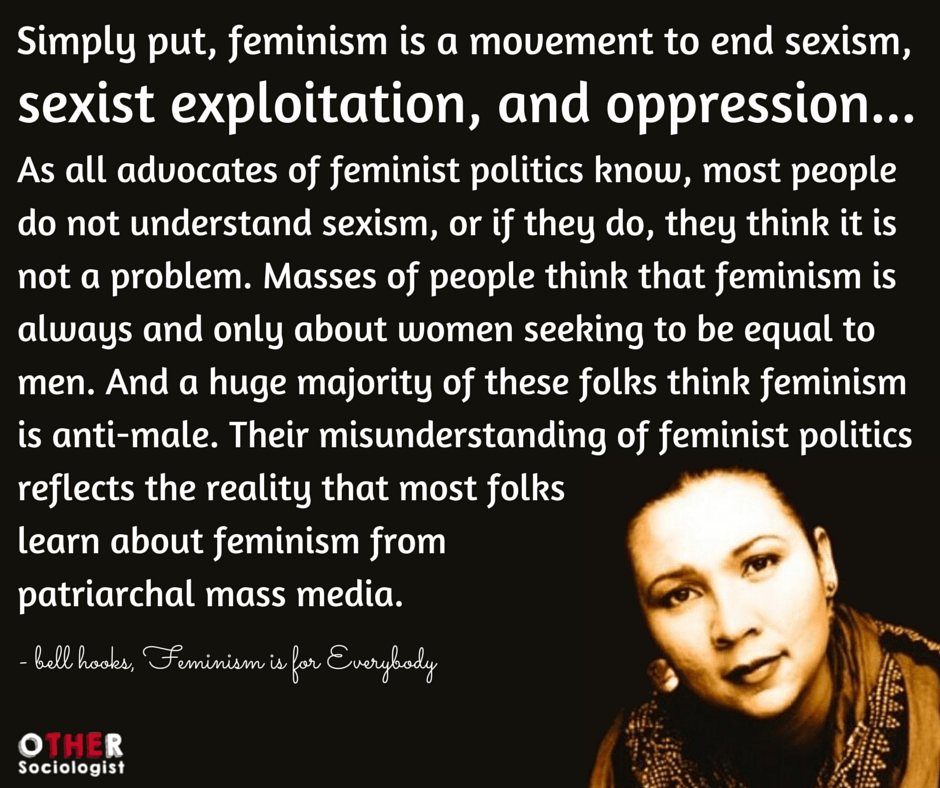 bell hooks is a Black woman. She wears her hair back with a jewelled top. Quote reasd: Simplly put, feminism is a movement to end sexism
