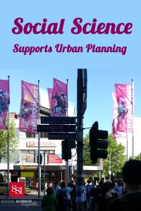 Aerial view of Melbourne, as a crowd walks across the street. Text reads: social science supports urban planning