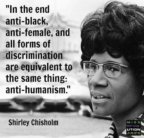 Shirley Chisholm is a Black American woman with black hair and she wears glasses