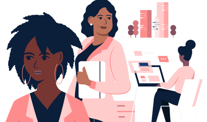 Cartoon of Black and Brown Latinas in front of a laptop and holding a book