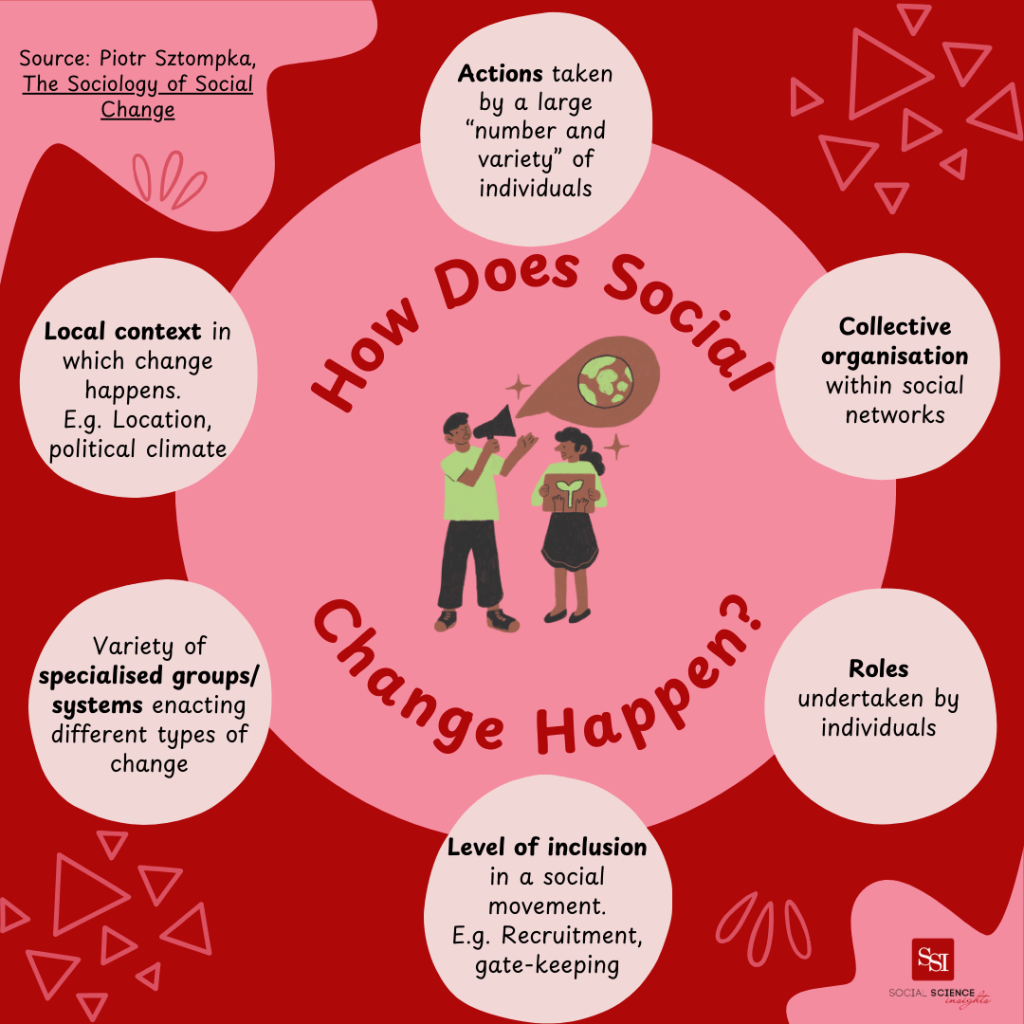 Infographic with a drawing of two people of colour holding a megaphone and holding up signs of planet Earth, with Piotr Sztompka's 'The Sociology of Social Change'