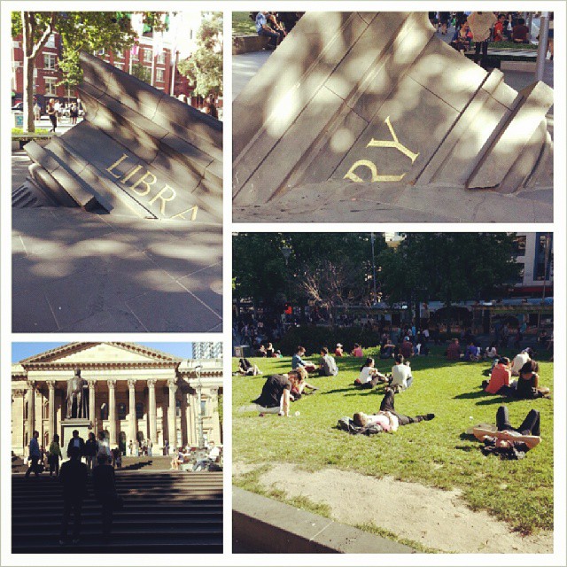 Collage of photos of the State Library of Victoria, which has a sculpture of a falling library out the front. One image shows people resting outside the library