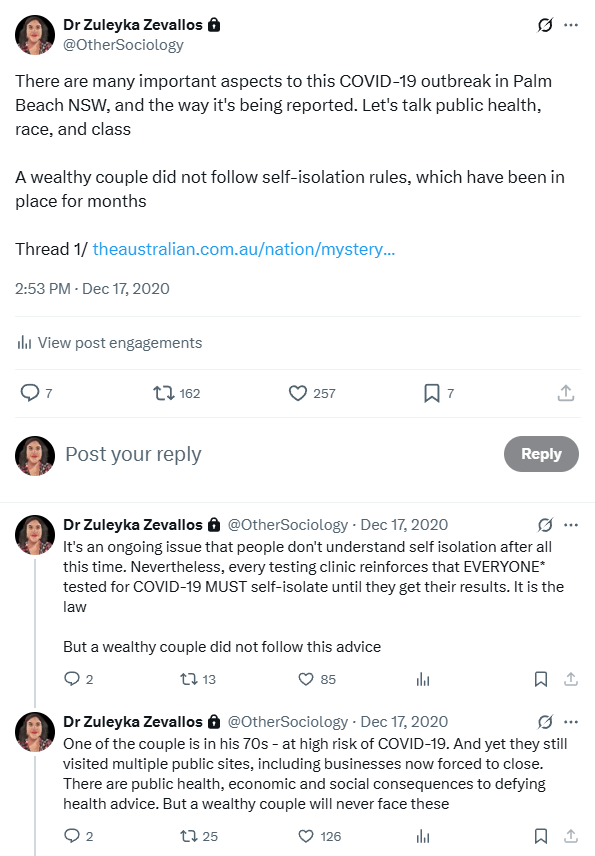 Screentshots of thread by @OtherSociology abotu Palm Beach NSW COVID-19 outbreak and race