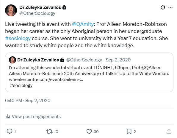 Screenshot of tweet by @OtherSociology on a live event by Professor Aileen Moreton-Robinson