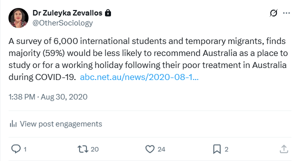 Screenshot of tweet by @OtherSociology on a survey of 6,000 international students