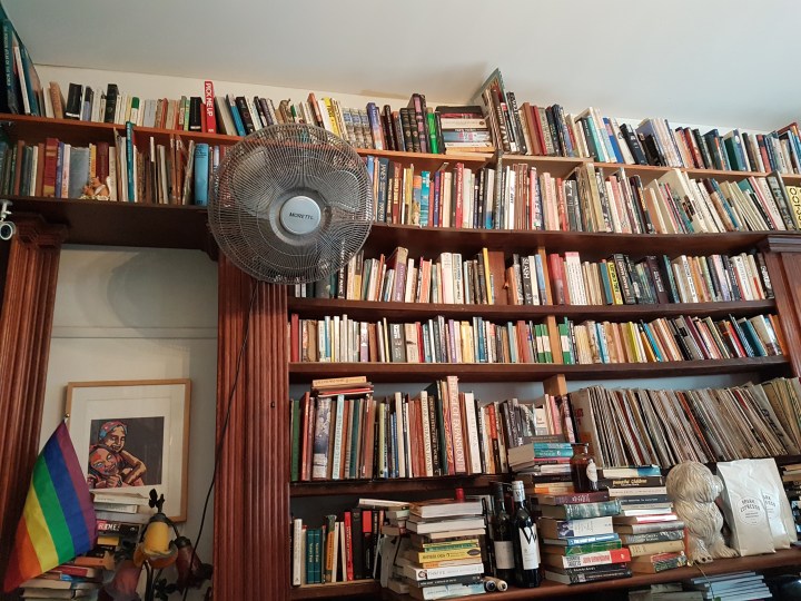 A fan and wall lined with books