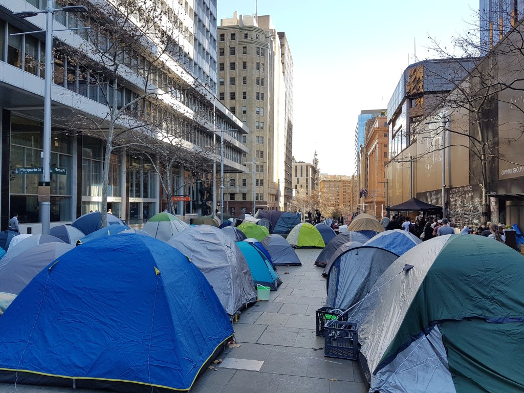 Dozens of tents camped at Martin Place