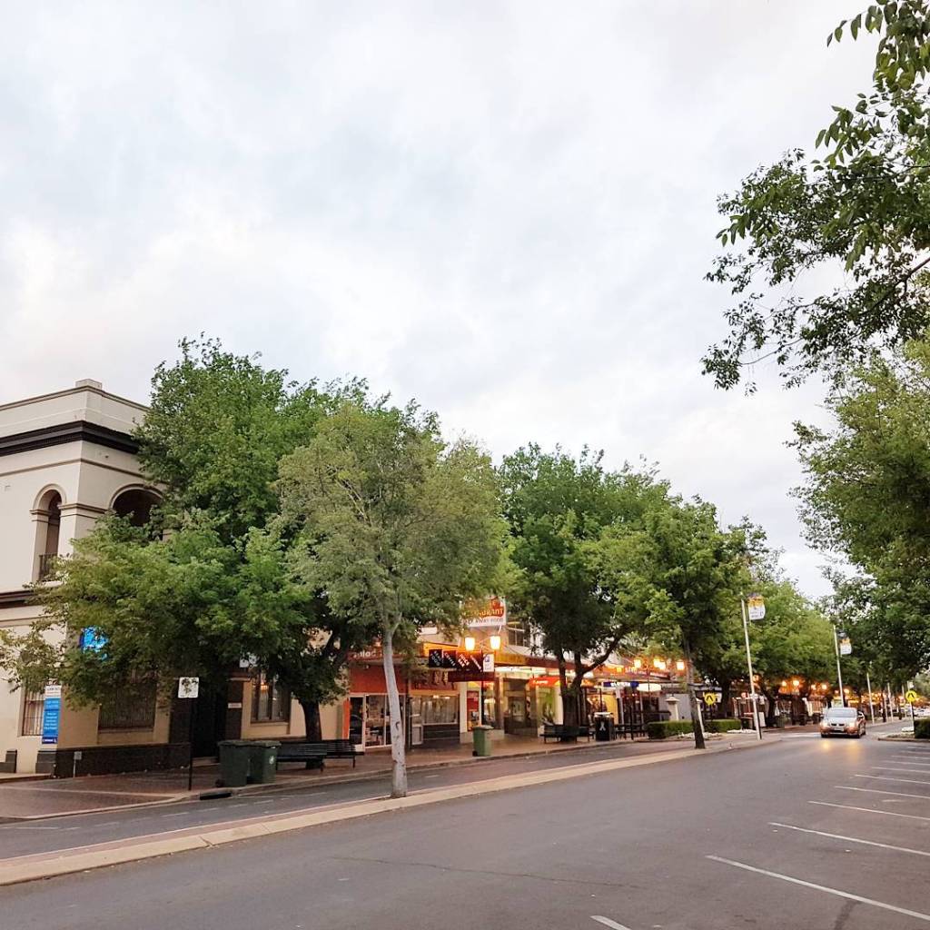 The city of Dubbo, lined in trees