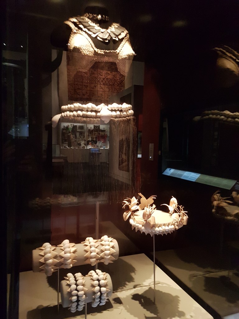 'Female banaban dance costume,' made by Tekerawata Teboubou, Karoro Tekenimatang,and Makin Tekenimatang, Fiji. Made from Pandanus, sennit (coconut husk fibre), shells, and wool