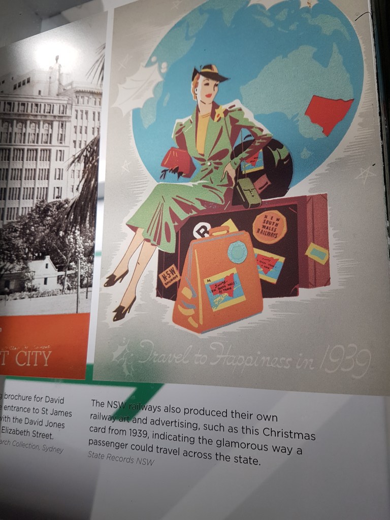 1939 railway advertising showing a white woman dressed smartly with travel bags