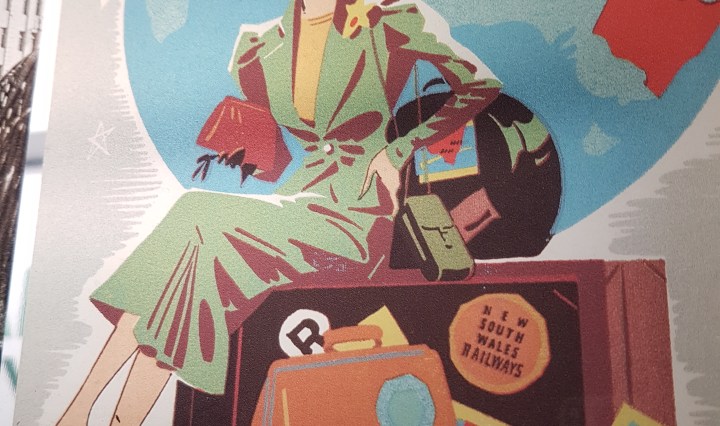 1939 railway advertising showing a white woman dressed smartly with travel bags