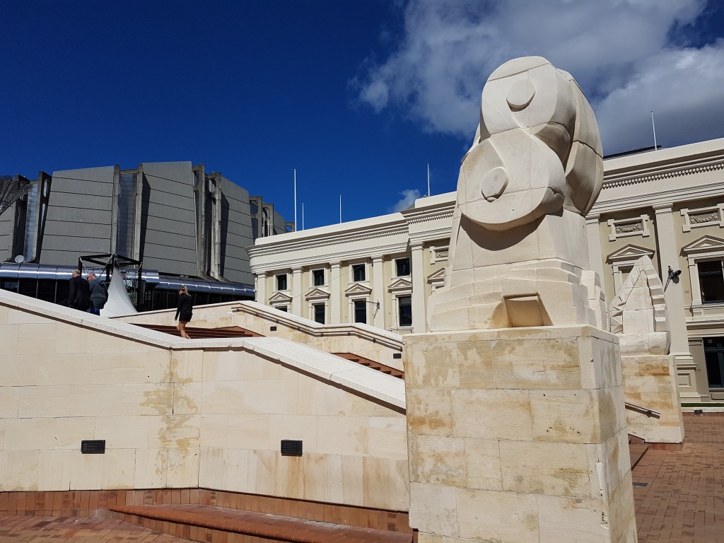 Sculpture outside of the library, shaped like an infinity symbol