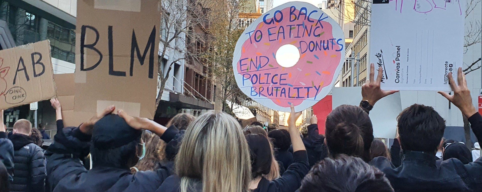 People march in Sydney holding signs that say "BLM" and "go back to eating donuts, end police brutality'