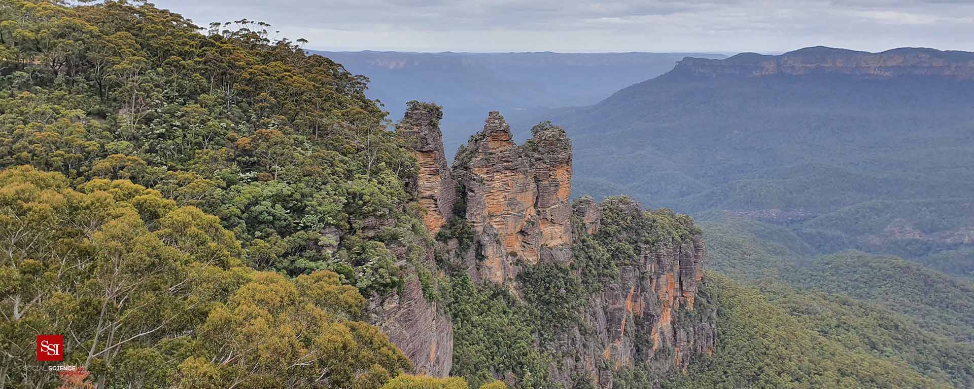 Top of the Blue Mountains. Large mountains with lush green trees, and a blue haze over the mountains in the horizon