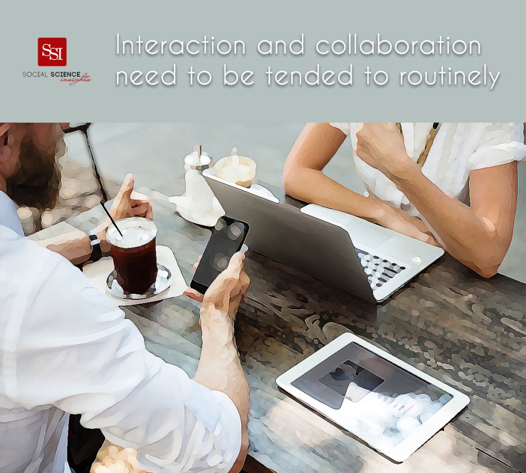 A white man and white man sit at a cafe with their laptops. Text: interaction and collaboration need to be tended to routinely