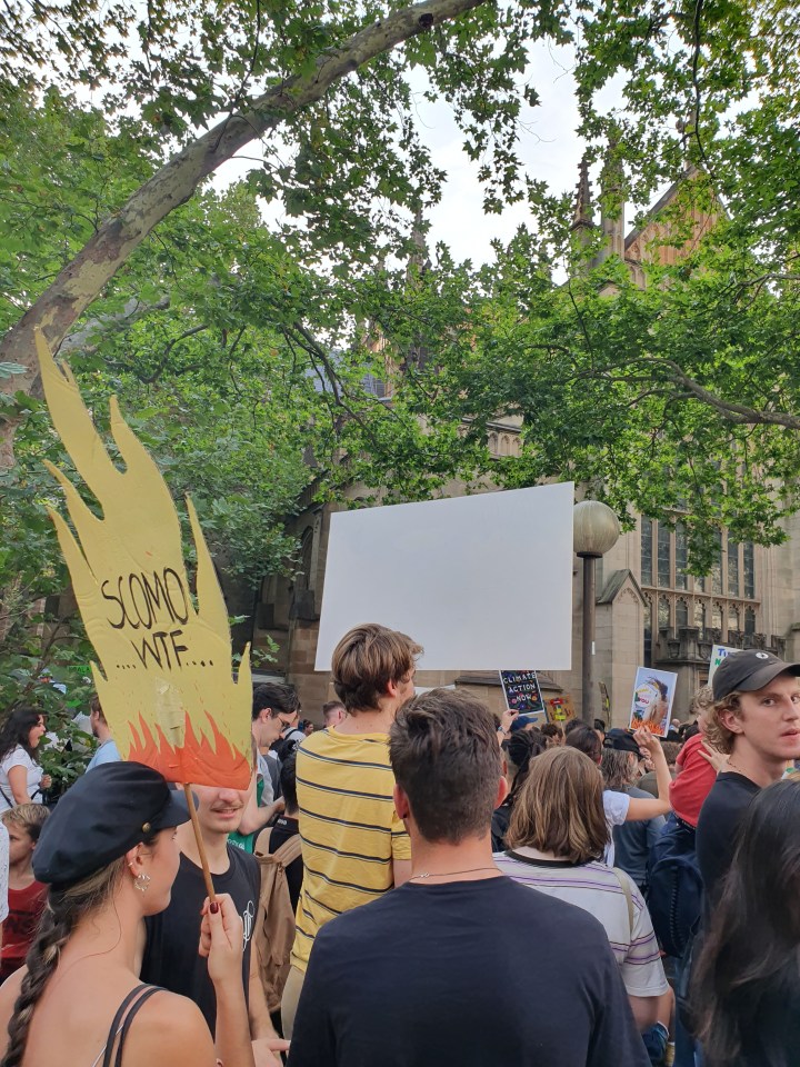 Protest sign in the shape of fire, with a message: Scomo WTF
