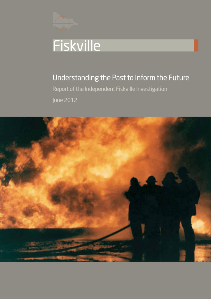 Independent Fiskville Investigation report front cover. Shows firefighters fighting a large blaze. Title reads: "Fiskville Understanding the past to inform the future."