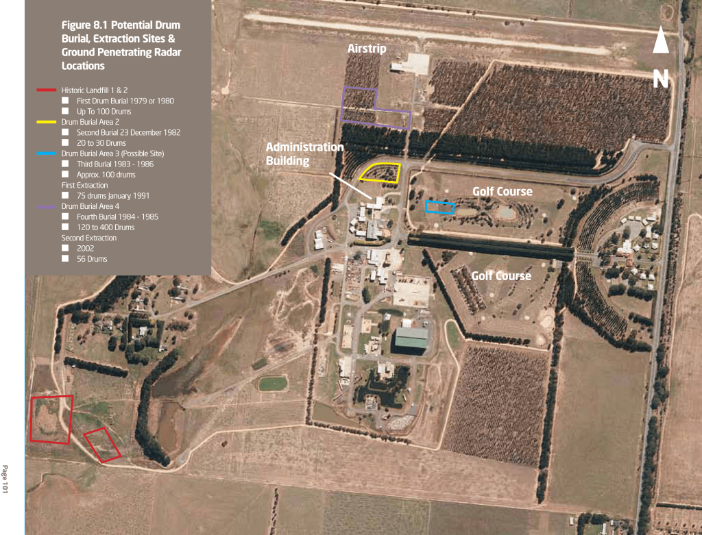 Aerial shot of the Fiskville training centre showing an airstrip at the top, administration building on the left mid-section, and two golf courses in the centre. To the left, tehre are two red squares, showing potential drum burial sites