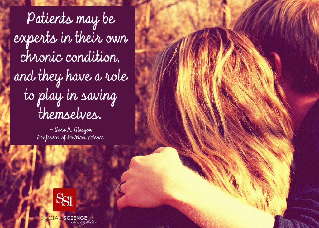 A man has his arm around a woman. Quote reads: "Patients may be experts in their own chronic condition, and they have a role to play in saving themselves" - Sara M. Glasgow,