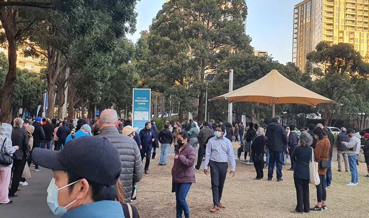 People in face masks line up in a large park