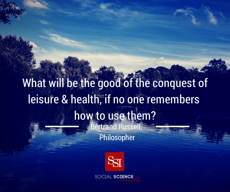 A blue lake with trees in the background. Quote overlaid: What will be the good of the conquest of leisure and health, if no one remembers how to use them? - Bertrand Russell, philosopher