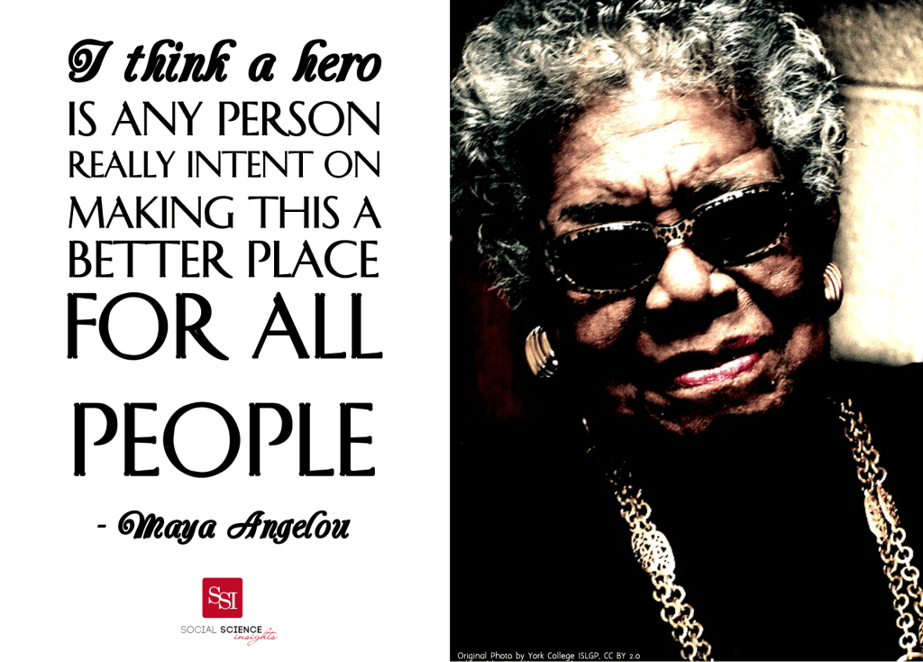Maya Angelou head shot on the right. She is a Black woman wearing sunglasses beautiful gold jewellery and red lipstick. Quote on the right