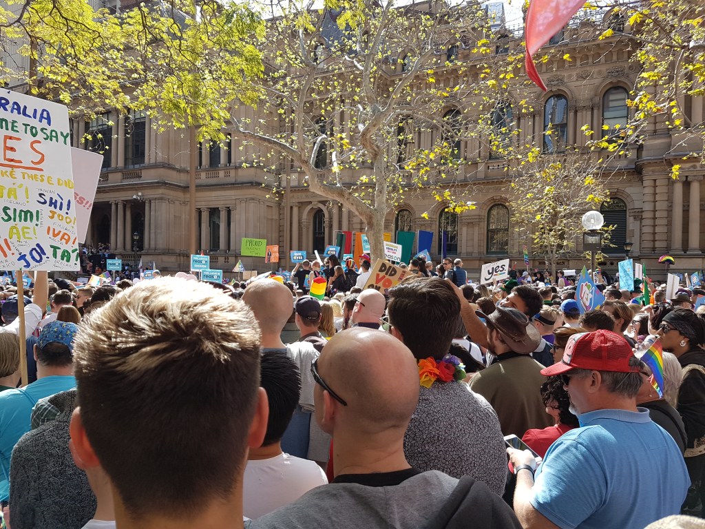 Crowd at the Pride Flag at the Marriage Equality march in Sydney