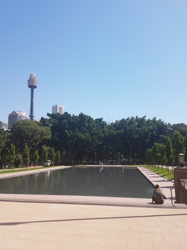 A person sits in front of a pool, with the Syndey Tower Eye in the background