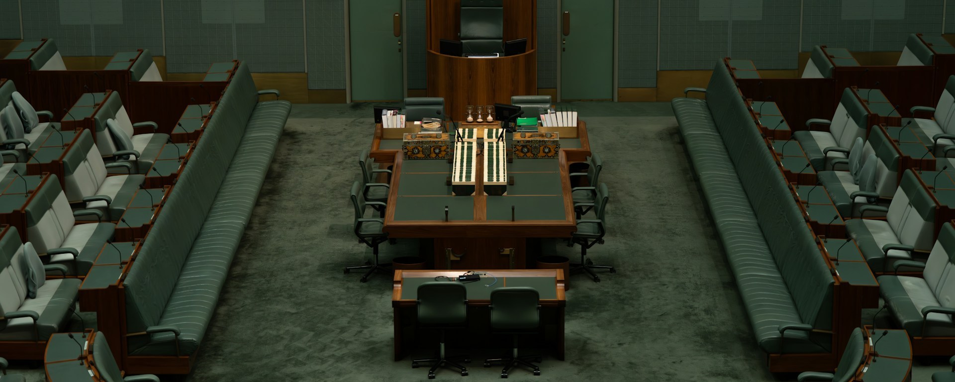 The inside of Parliament House is shaped in a 'u' formation, with seats surrounding a central seat for the Speaker of the House of Representatives