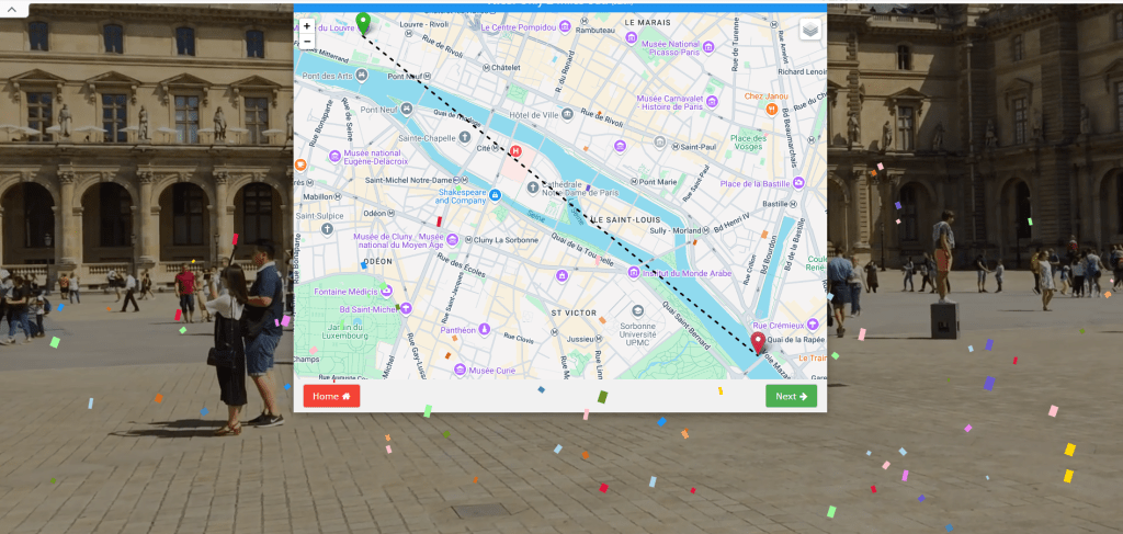 A Google map image is overlaid the street sceence outside the Lourve. Confetti is overlaid onscreen