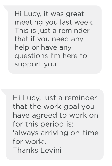 Diagram of two SMS. One says, 'Hi Lucy, it was great meeting you last week. This is a reminder that if you need any help or have any questions I'm here to support you. The other message is a reminder of the work goal 'Always arriving on-time for work'