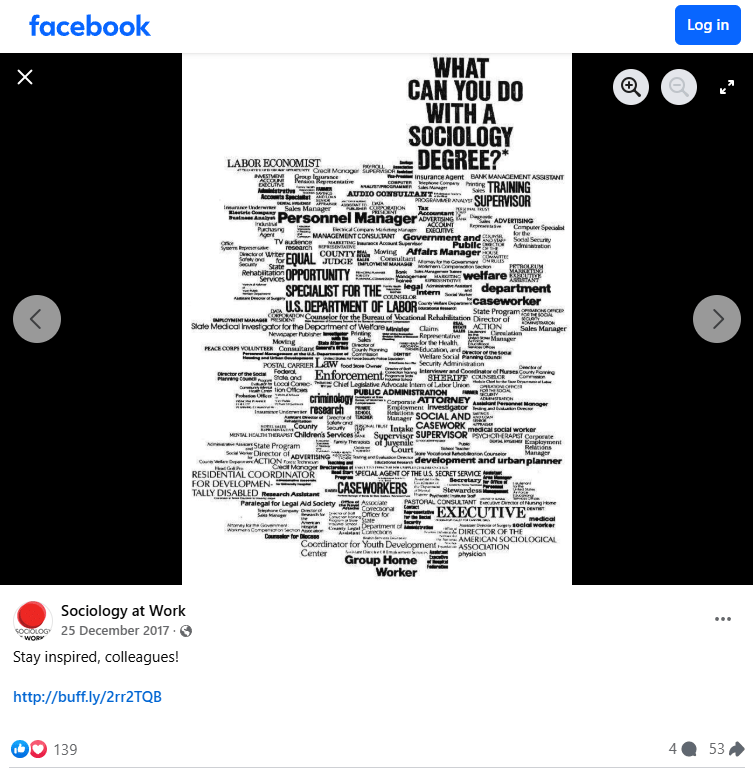 Screenshot of Facebook post by Sociology at Work on what you can do with a sociology degree