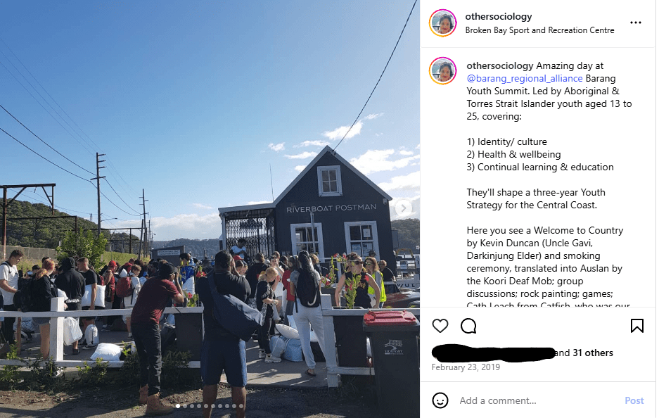 Screenshot of Instagram post by OtherSociology, showing young people waiting by a dock, tagged at Broken Bay Sport and Recretation Centre