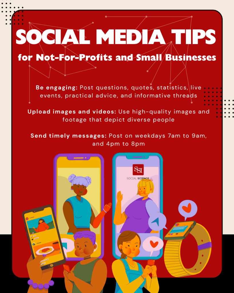 Infographic showing drawings of Black and white women posting on social media and liking posts. Title reads: social media tips for not-for-profits and small businesses