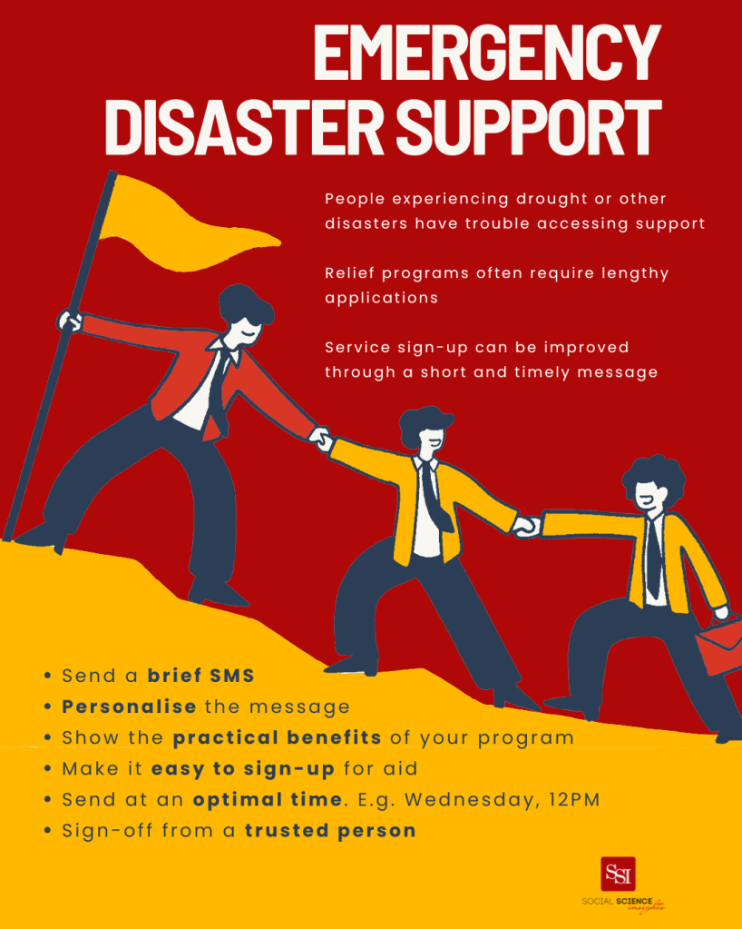 Infographic showing three figures in ties sholding hands as they climb up a hill, with the person at the stop holding onto a flag. Title reads: Emergency Disaster support