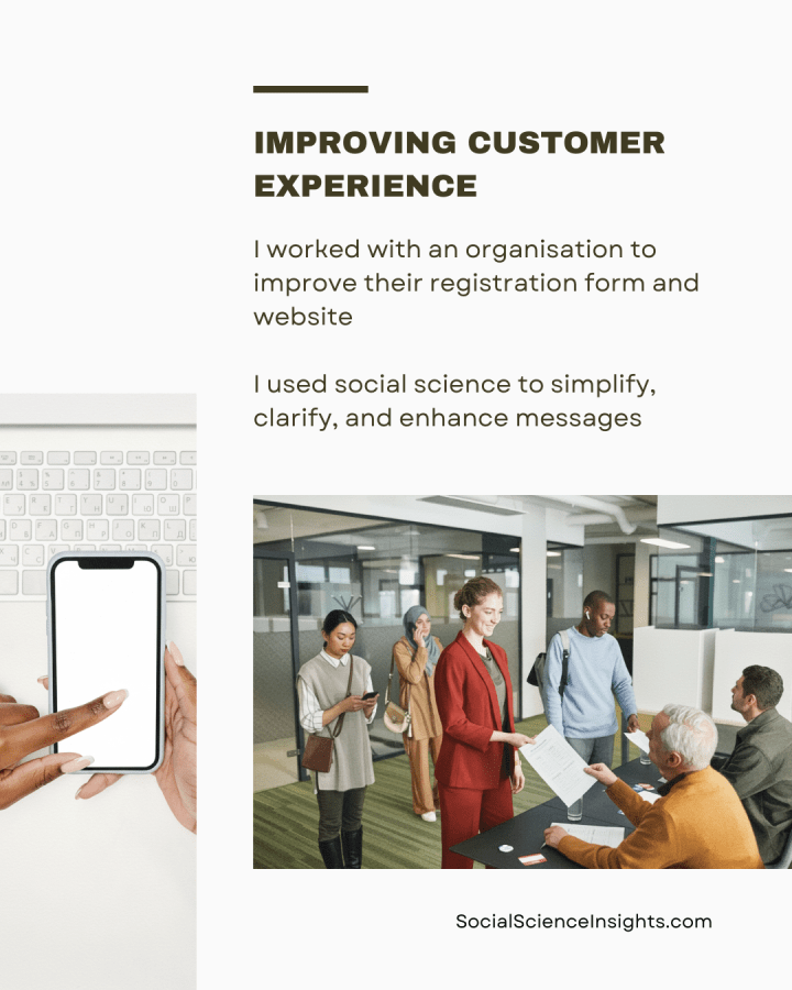 Diverse people line up at a registration desk. On the side, a Black woman's hands scroll on a phone. Title reads: improving customer experience.