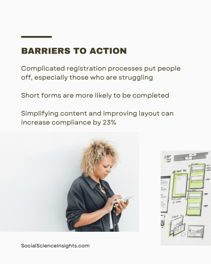 A Black woman with curly blonde hair reads her mobile phone outdoors against a white wall. On the side, is the mock up of a website. Title reads: barriers to action