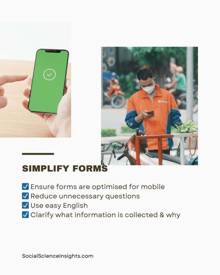 An Asian man wearing a face mask reads his phone on the street beside his motorbike. On the side a while person's hands hold a phone with a large tick on the screen. Title reads: Simplify forms