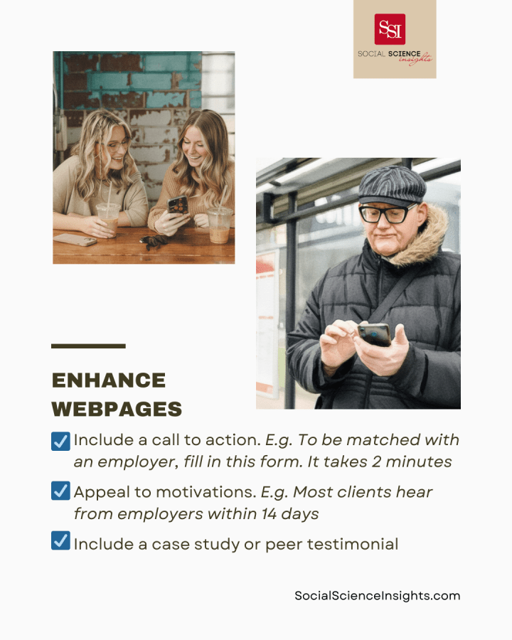 A white older man in a hat and jacket writes on his phone outdoors. Two young white women are smiling while looking at one of their phones, in a cafe. Title reads: enhance webpages