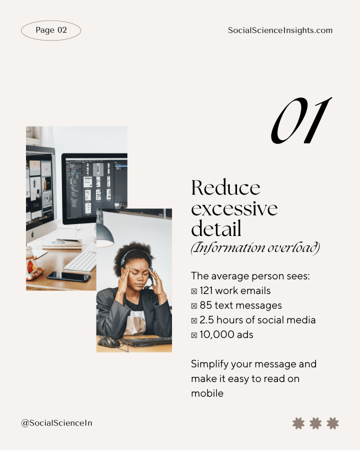 A Black woman wears a phone headset while sitting in front of a keyboard and computer mouse. She rubs her temples and closes her eyes. In the bckground a computer shows various designs. Title reads: reduce excessive detail