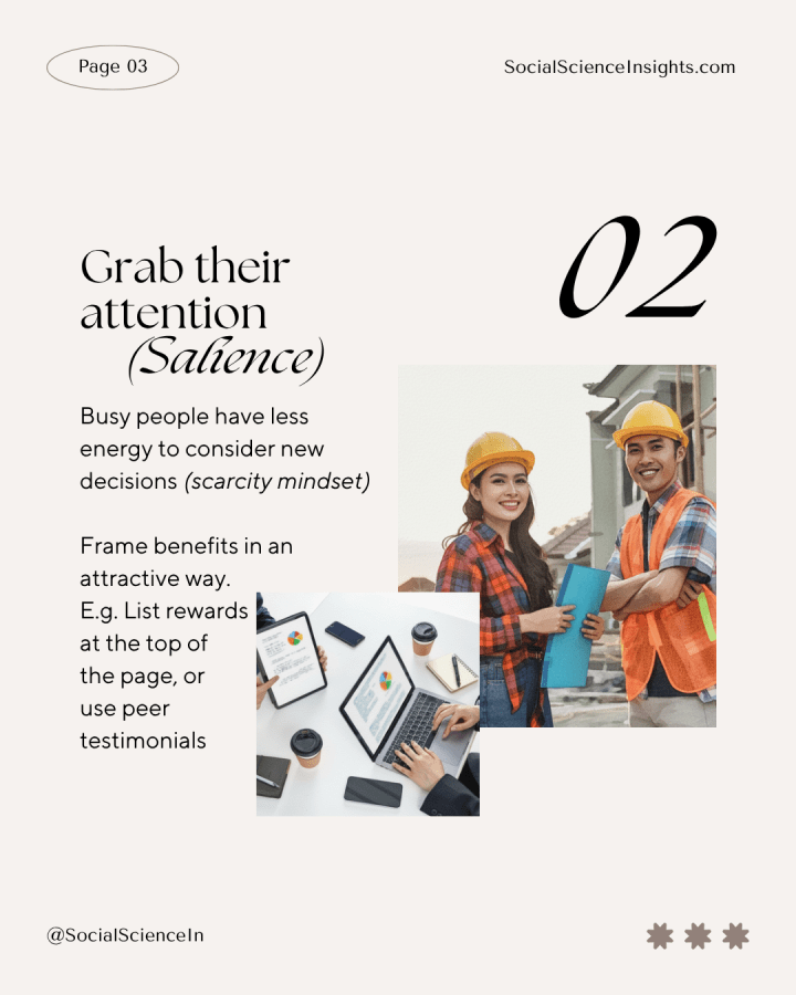 Two Asian people wearing hard hats and hi-vis vests are smiling outdoors. In another picture, hands work on a laptop while someone else points to a graph on a tablet. Title reads: Grab their attention