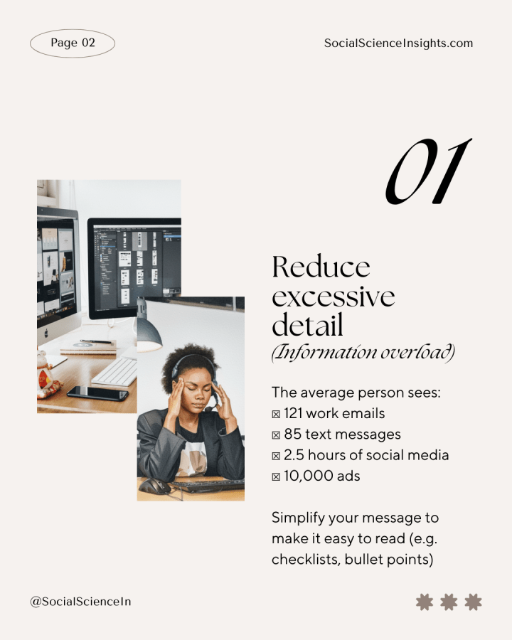 A Black woman wears a phone headset while sitting in front of a keyboard and computer mouse. She rubs her temples and closes her eyes. In the bckground a computer shows various designs. Title reads: reduce excessive detail