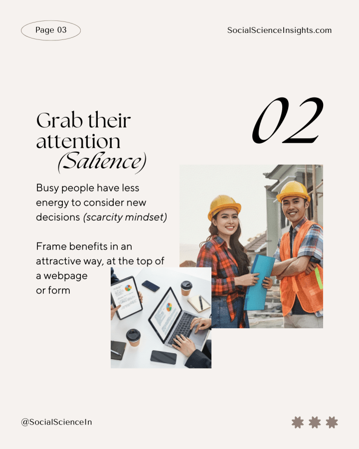 Two Asian people wearing hard hats and hi-vis vests are smiling outdoors. In another picture, hands work on a laptop while someone else points to a graph on a tablet. Title reads: Grab their attention