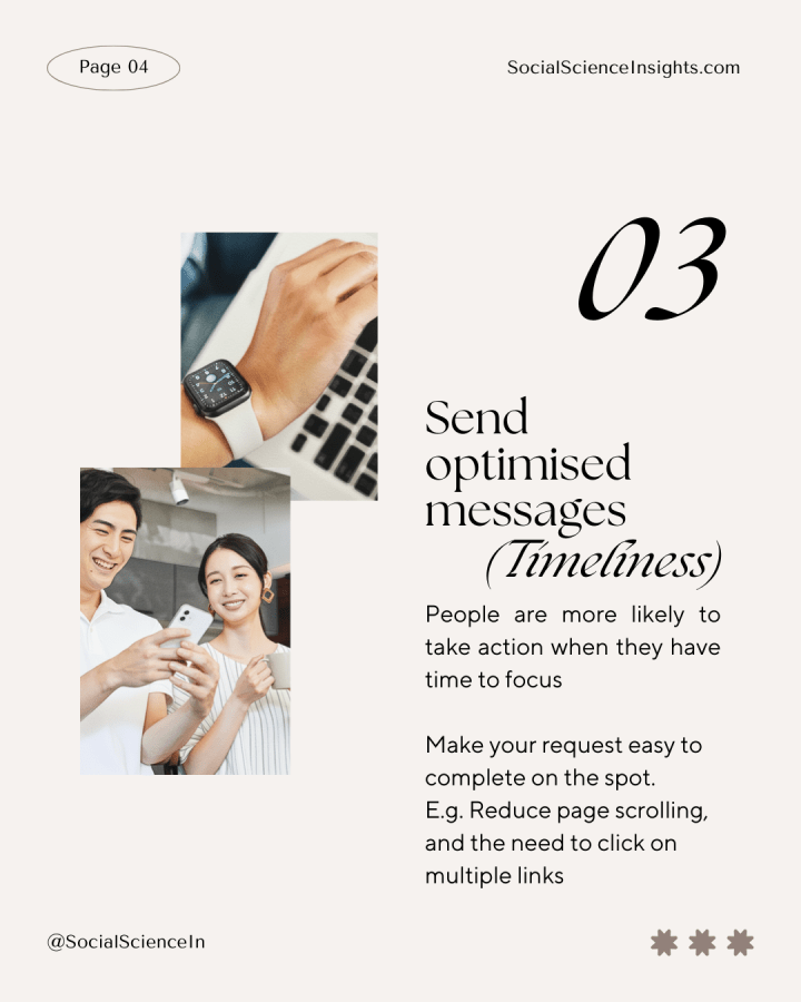 Two Asian people look at a mobile while drinking coffee. In the background is a person wearing a watch. Title reads: Send optimised messages